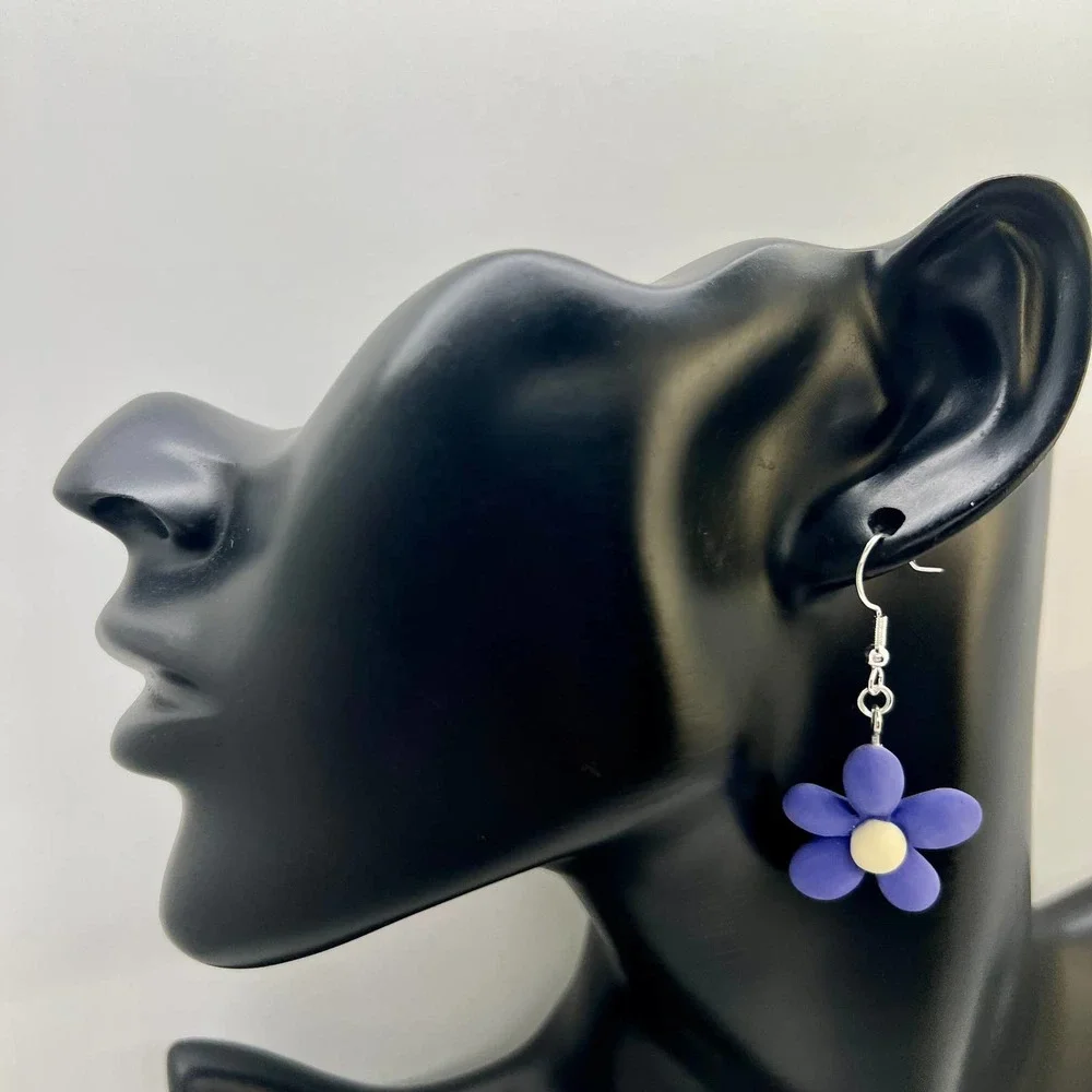 Ribbon Earrings - Bow Earrings - Flower Earrings - Indigo Blue Clay Earrings